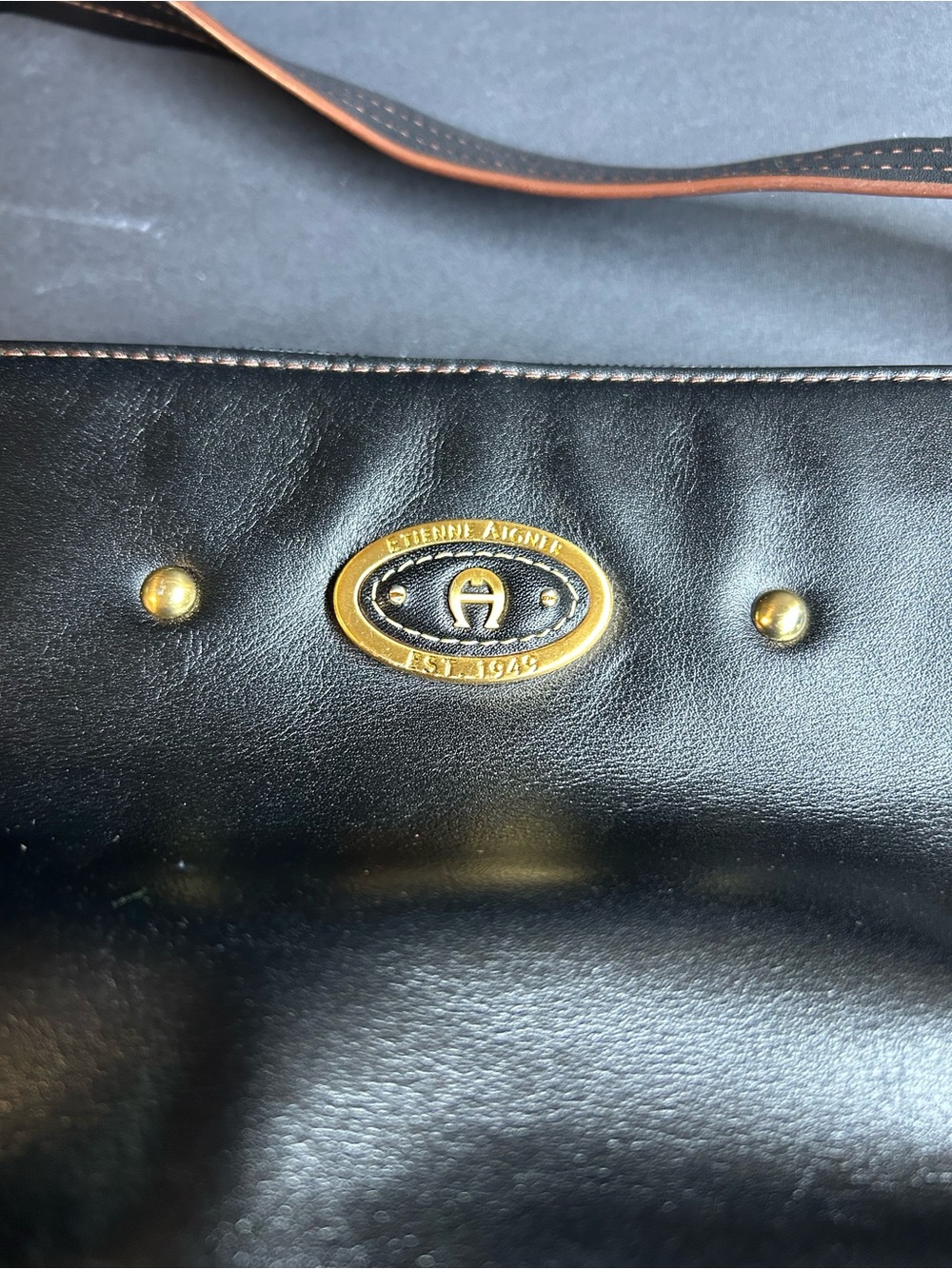 Etienne Aigner Black Leather Hobo Shoulder Bag with Gold Hardware & Brown Trim - Picture 6 of 11